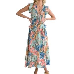 Sage the Label Smocked Bodice Maxi Dress Size Small Floral Ruffle Trim